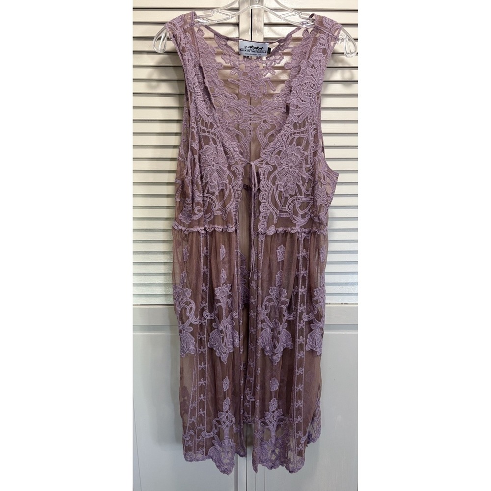 Back In The Saddle Lavender Lace Sleeveless Duster Size M/L Side Slit Tie Front